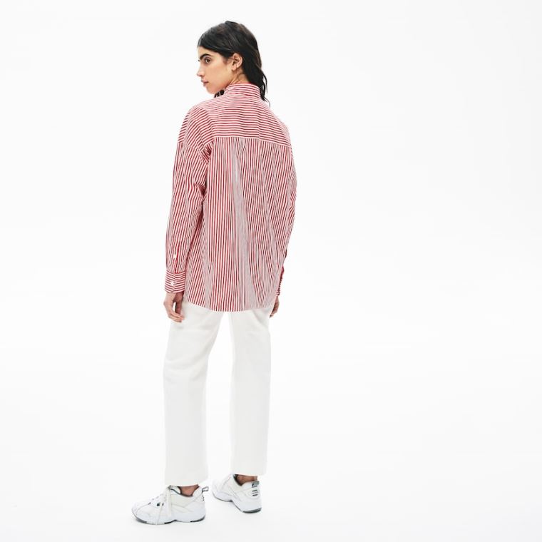 Lacoste LIVE Boxy-Fit Striped Bavlněné Shirt Bílé Červené | Y64oKhji