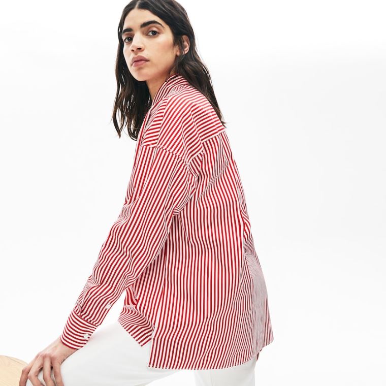 Lacoste LIVE Boxy-Fit Striped Bavlněné Shirt Bílé Červené | Y64oKhji