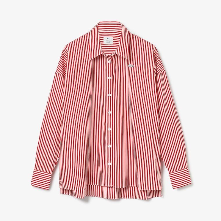 Lacoste LIVE Boxy-Fit Striped Bavlněné Shirt Bílé Červené | Y64oKhji