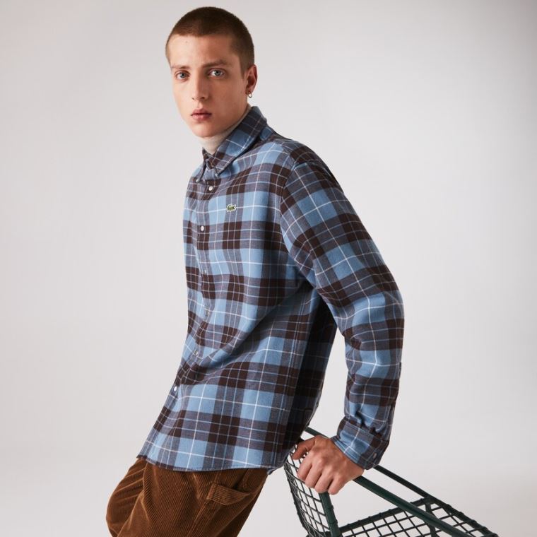 Lacoste LIVE Checked Flannel Podšité Oversized Shirt Blankyt Hnědé | ynEcTIS0