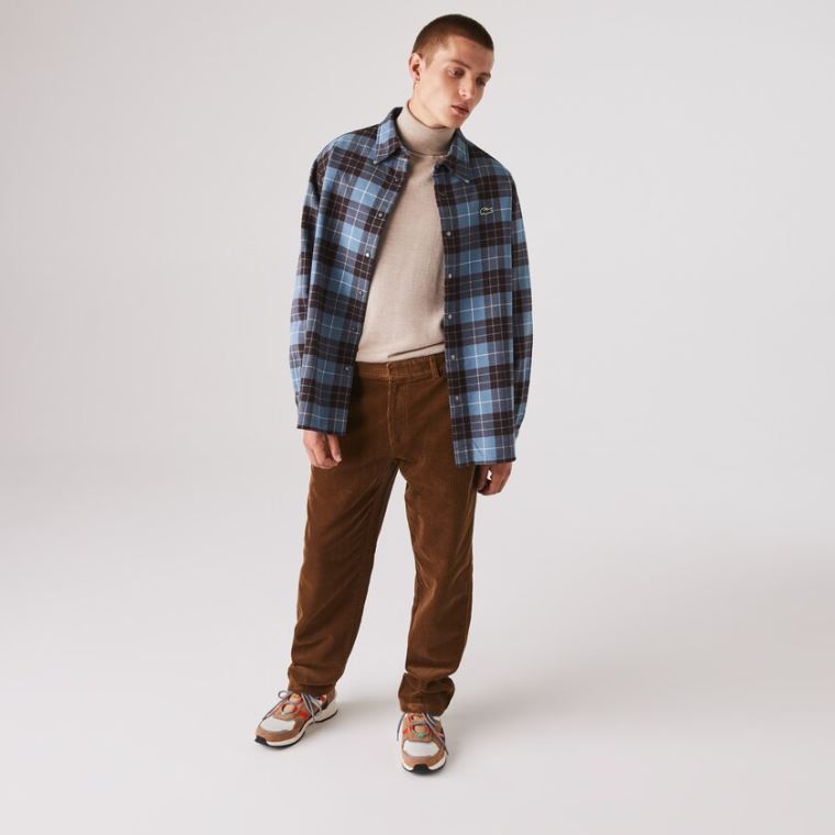 Lacoste LIVE Checked Flannel Podšité Oversized Shirt Blankyt Hnědé | ynEcTIS0