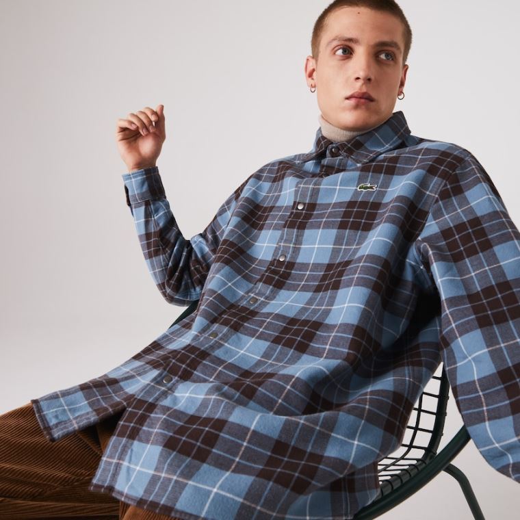 Lacoste LIVE Checked Flannel Podšité Oversized Shirt Blankyt Hnědé | ynEcTIS0