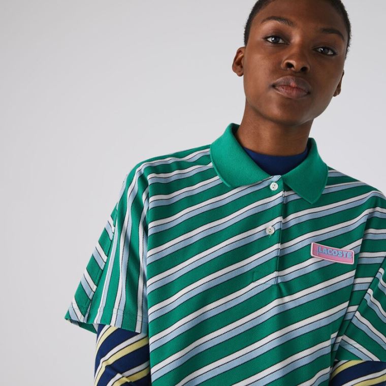 Lacoste LIVE Loose Fit Badge Striped Bavlněné Piqué Polo Shirt Zelene Bílé | TP1ZJ9IS