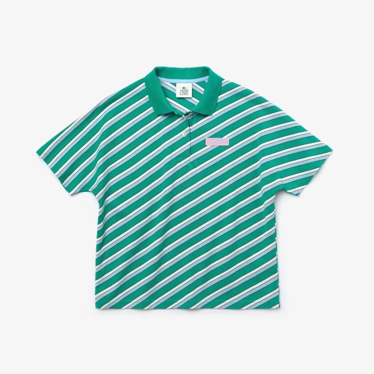 Lacoste LIVE Loose Fit Badge Striped Bavlněné Piqué Polo Shirt Zelene Bílé | TP1ZJ9IS