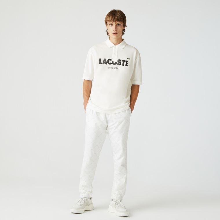 Lacoste LIVE Loose Fit Branded Bavlněné Piqué Polo Shirt Bílé Černé | 11Awupf5