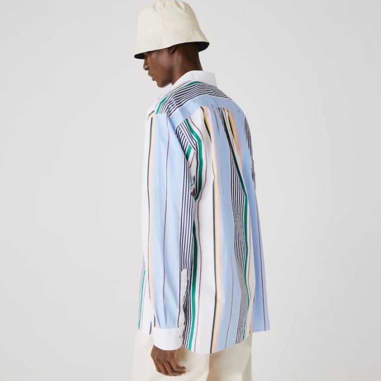 Lacoste LIVE Relaxed Fit Mismatched-Stripe Bavlněné Shirt Blankyt Bílé | dflaq3bg