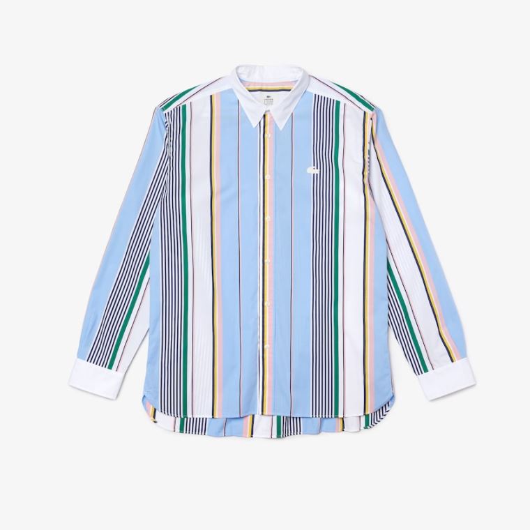 Lacoste LIVE Relaxed Fit Mismatched-Stripe Bavlněné Shirt Blankyt Bílé | dflaq3bg