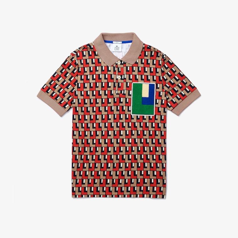 Lacoste LIVE Standard-Fit Printed Bavlněné Polo Béžový Červené | bjKjnQAs