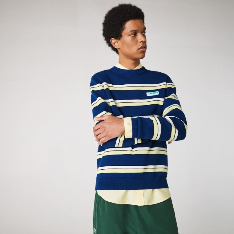 Lacoste LIVE Striped Bavlněné Crew Neck Svetrové Blankyt Bílé | NntKSi45