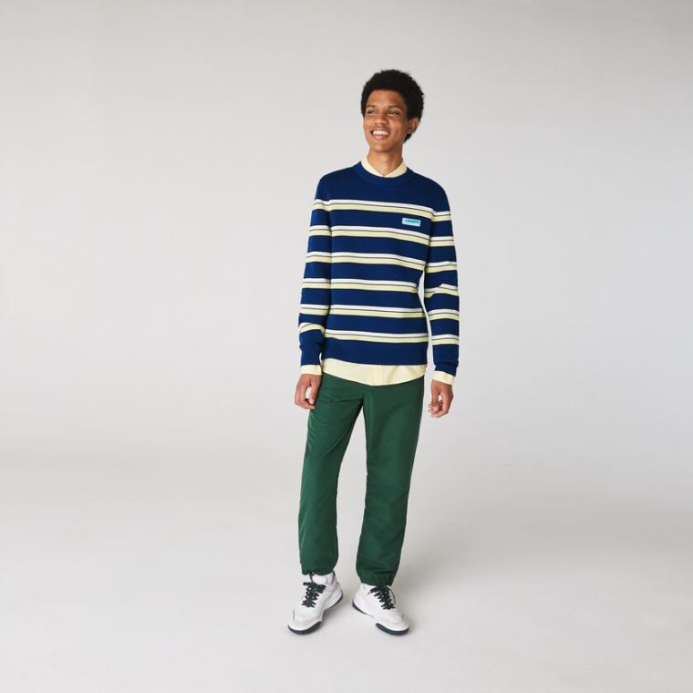 Lacoste LIVE Striped Bavlněné Crew Neck Svetrové Blankyt Bílé | NntKSi45