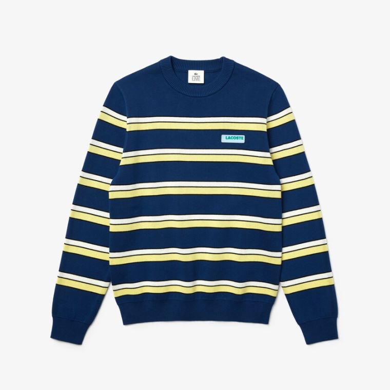 Lacoste LIVE Striped Bavlněné Crew Neck Svetrové Blankyt Bílé | NntKSi45