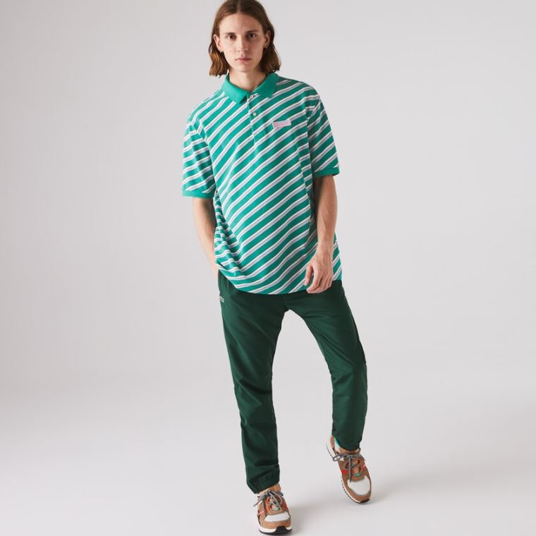 Lacoste LIVE Striped Bavlněné Piqué Polo Shirt Zelene Bílé | xnaVk3CJ