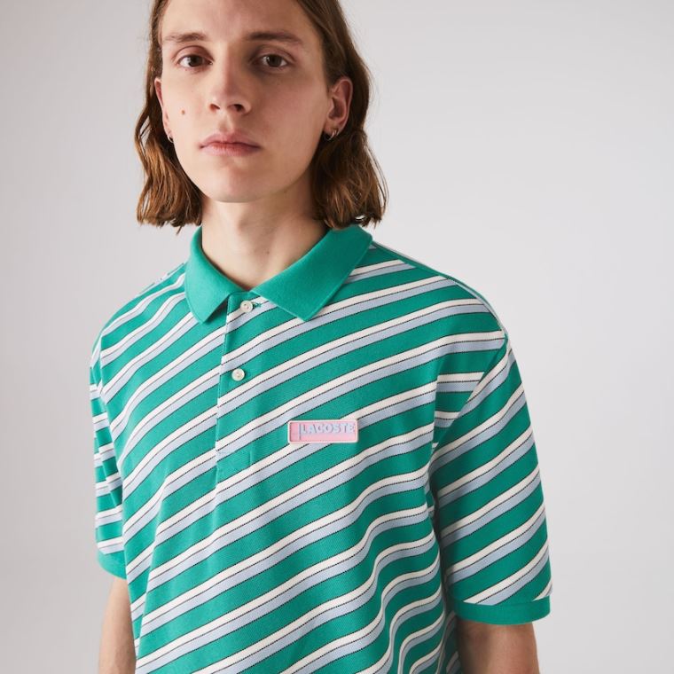 Lacoste LIVE Striped Bavlněné Piqué Polo Shirt Zelene Bílé | xnaVk3CJ