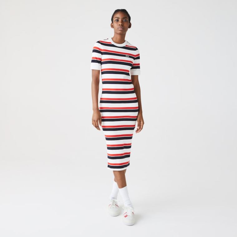 Lacoste LIVE Striped Bavlněné Ribbed T-Shirt Šaty Bílé Tmavě Blankyt Blankyt Červené | Y5czgkqI