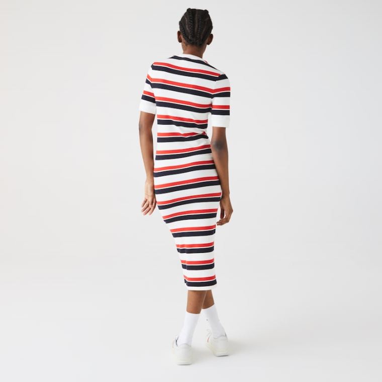 Lacoste LIVE Striped Bavlněné Ribbed T-Shirt Šaty Bílé Tmavě Blankyt Blankyt Červené | Y5czgkqI