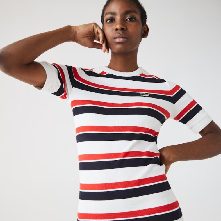 Lacoste LIVE Striped Bavlněné Ribbed T-Shirt Šaty Bílé Tmavě Blankyt Blankyt Červené | Y5czgkqI