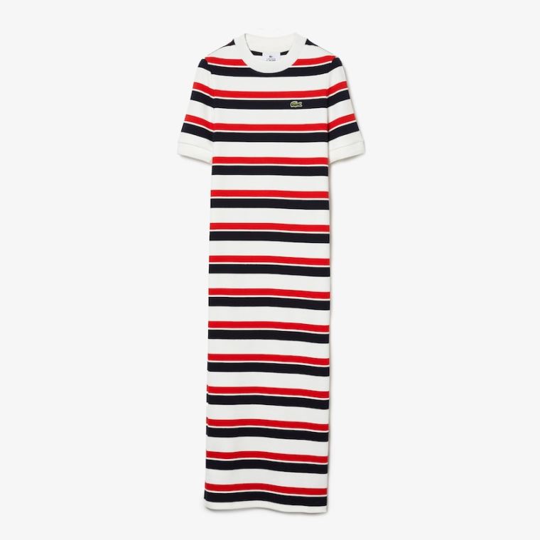 Lacoste LIVE Striped Bavlněné Ribbed T-Shirt Šaty Bílé Tmavě Blankyt Blankyt Červené | Y5czgkqI