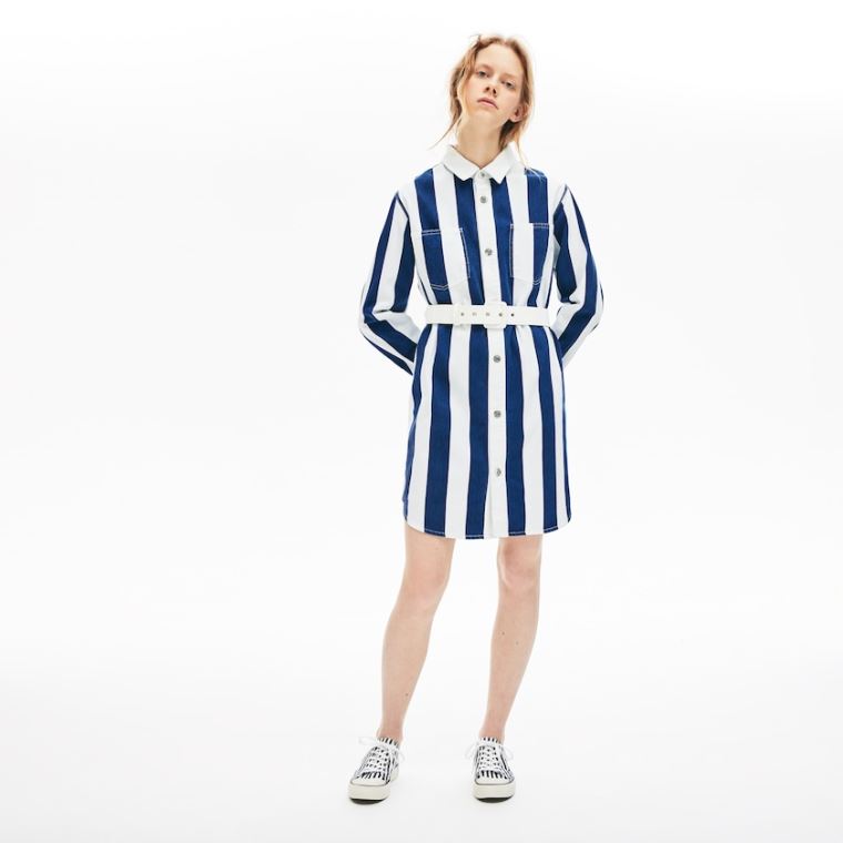 Lacoste LIVE Striped Bavlněné Shirtdress Bílé Tmavě Blankyt Blankyt | DrNdRPRy