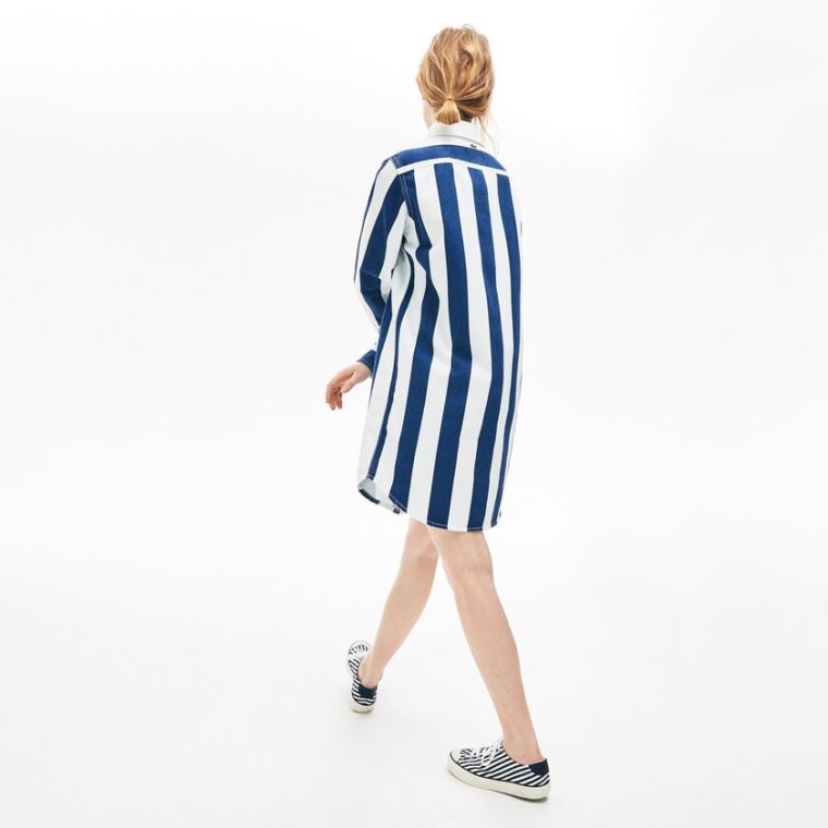 Lacoste LIVE Striped Bavlněné Shirtdress Bílé Tmavě Blankyt Blankyt | DrNdRPRy