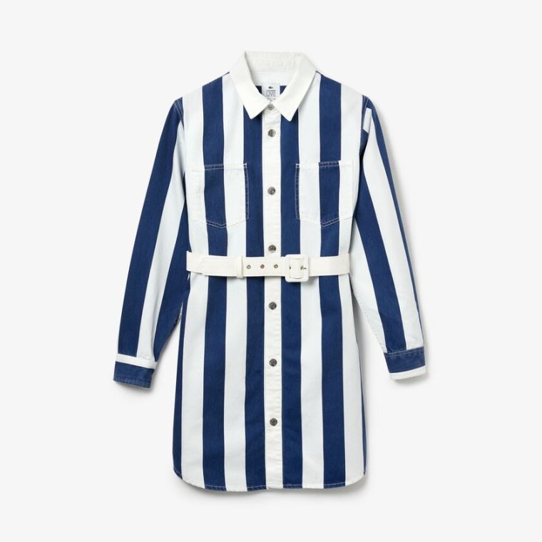 Lacoste LIVE Striped Bavlněné Shirtdress Bílé Tmavě Blankyt Blankyt | DrNdRPRy