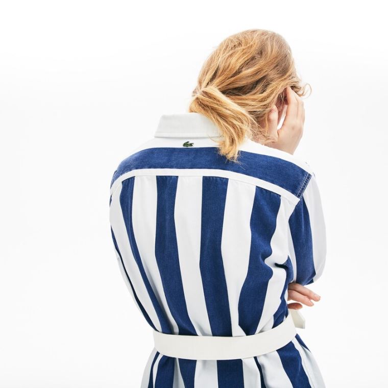 Lacoste LIVE Striped Bavlněné Shirtdress Bílé Tmavě Blankyt Blankyt | DrNdRPRy