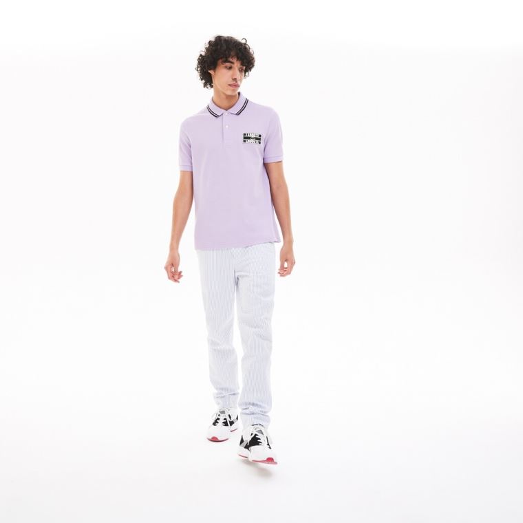 Lacoste LIVE Striped-Collar Bavlněné Piqué Polo Shirt Fialové Černé | YG9Xrqxf