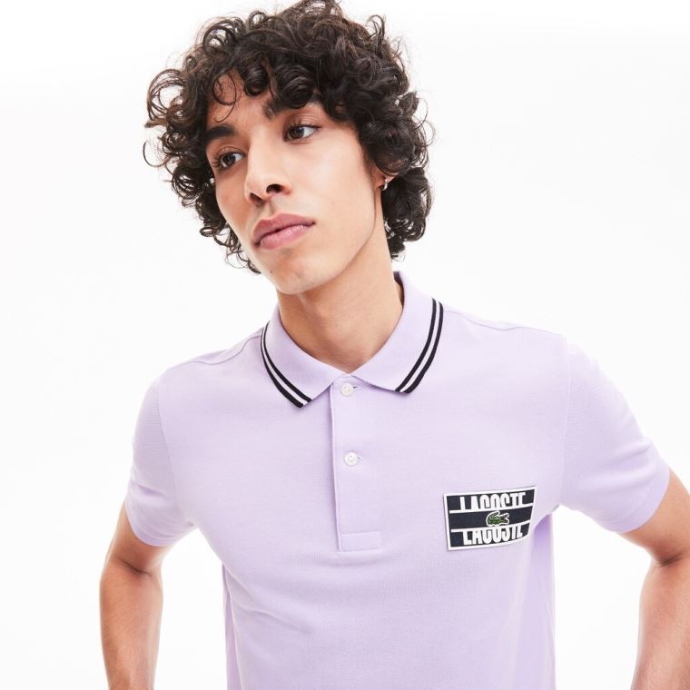 Lacoste LIVE Striped-Collar Bavlněné Piqué Polo Shirt Fialové Černé | YG9Xrqxf