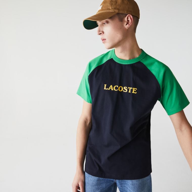 Lacoste LIVE Two-Tone Bavlněné T-shirt Tmavě Blankyt Blankyt Zelene | wgle78sb