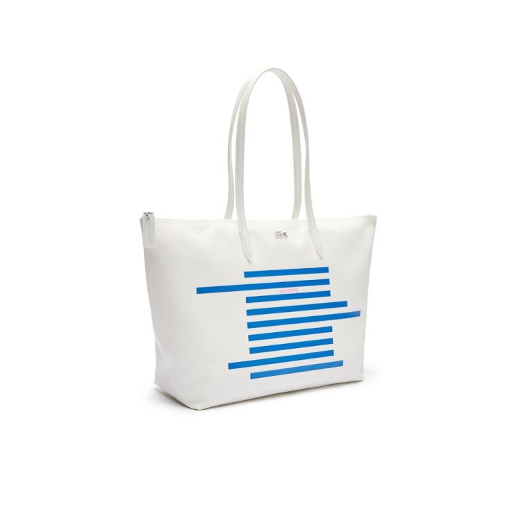 Lacoste L.12.12 Nautical Stripes Large Coated Platene Tote Bag Bílé Blankyt | 6KGpypLT