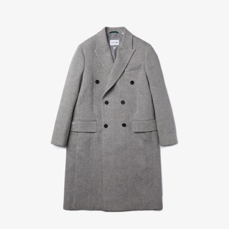 Lacoste Long Double-Breasted Herringbone Wool Coat Bílé Šedé | IC6qsNmr