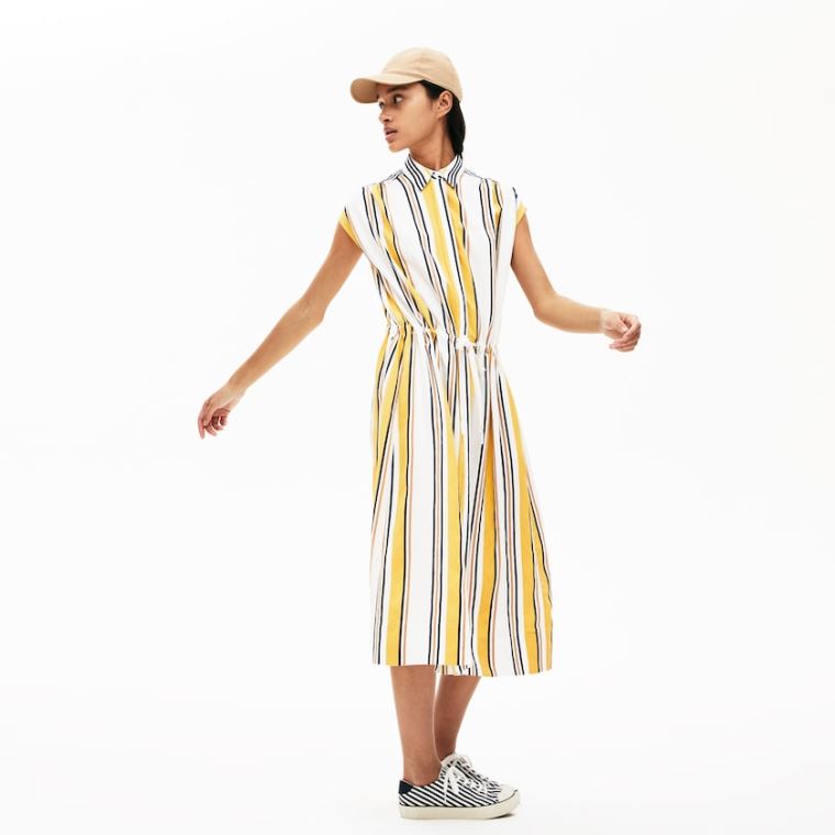 Lacoste Long Striped Shirtdress Bílé Tmavě Blankyt Blankyt Žluté Světle Hnědé | Qfvp18bE