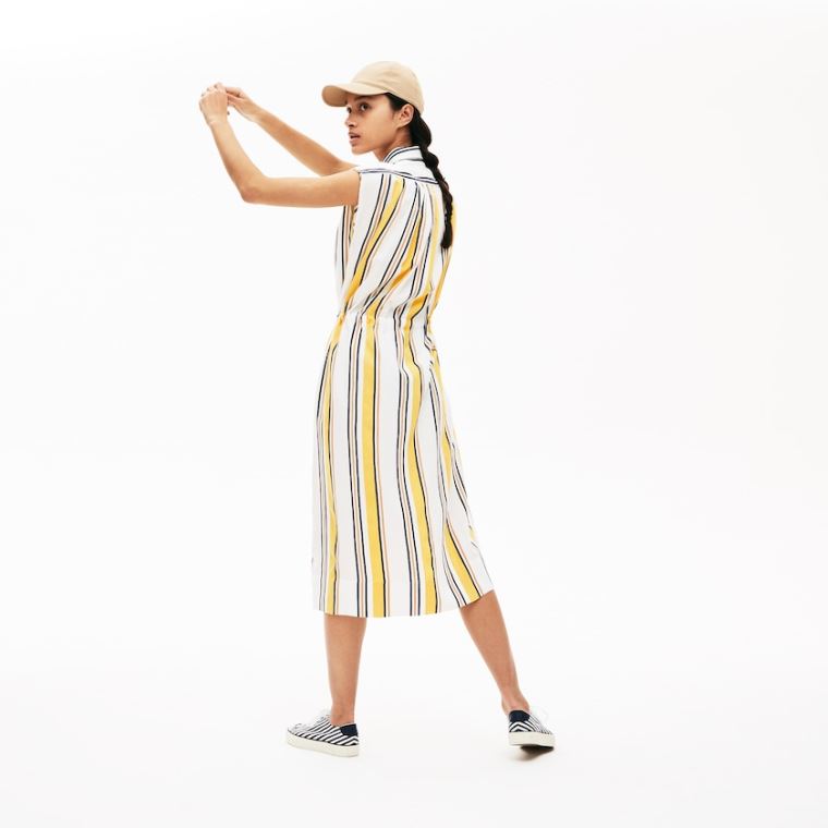 Lacoste Long Striped Shirtdress Bílé Tmavě Blankyt Blankyt Žluté Světle Hnědé | Qfvp18bE