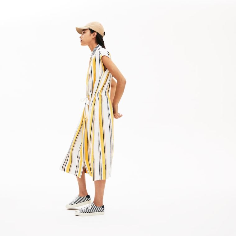 Lacoste Long Striped Shirtdress Bílé Tmavě Blankyt Blankyt Žluté Světle Hnědé | Qfvp18bE