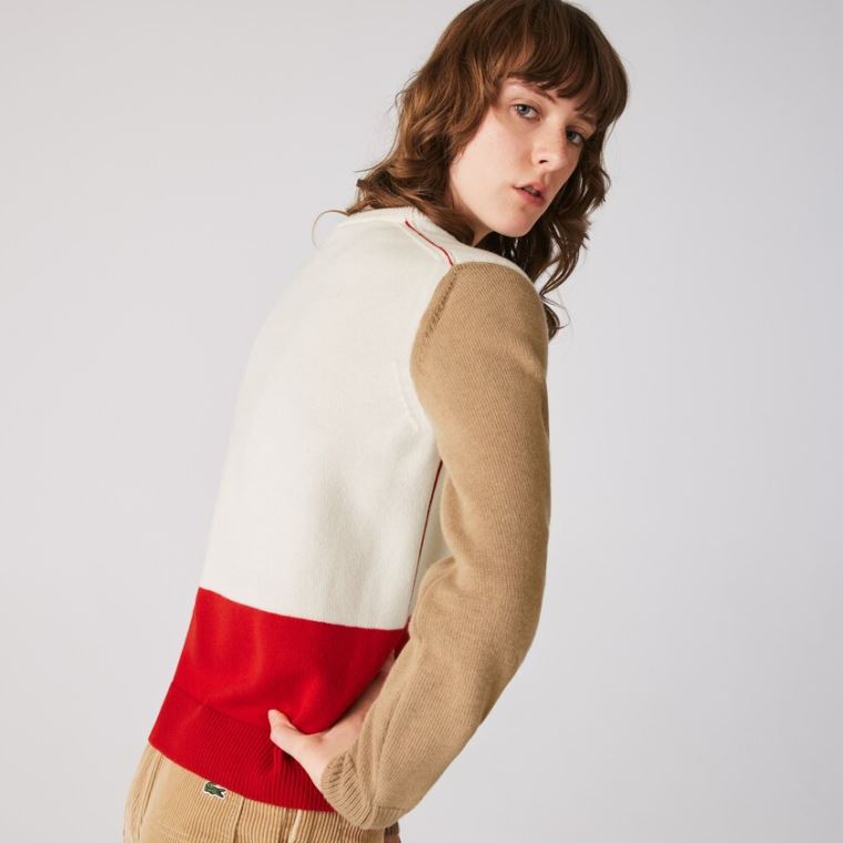 Lacoste Made in France Crew Neck Colourblock Wool Svetrové Červené Bílé Béžový | mUr9JtYY