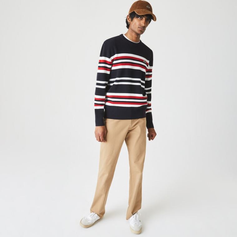 Lacoste Made in France Striped Organic Bavlněné Crew Neck Svetrové Tmavě Blankyt Blankyt Bílé Červené | RIsgqDvo