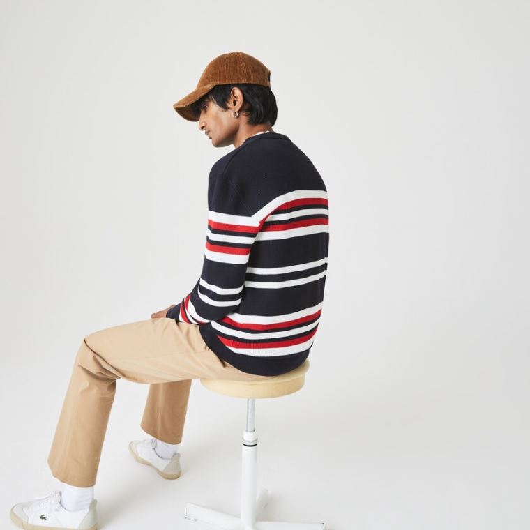 Lacoste Made in France Striped Organic Bavlněné Crew Neck Svetrové Tmavě Blankyt Blankyt Bílé Červené | RIsgqDvo