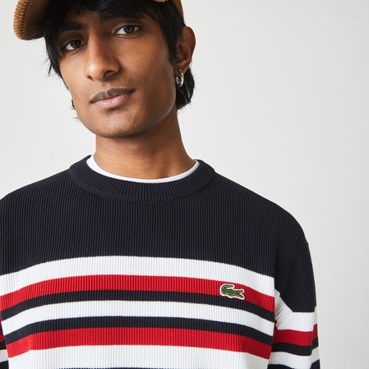 Lacoste Made in France Striped Organic Bavlněné Crew Neck Svetrové Tmavě Blankyt Blankyt Bílé Červené | RIsgqDvo