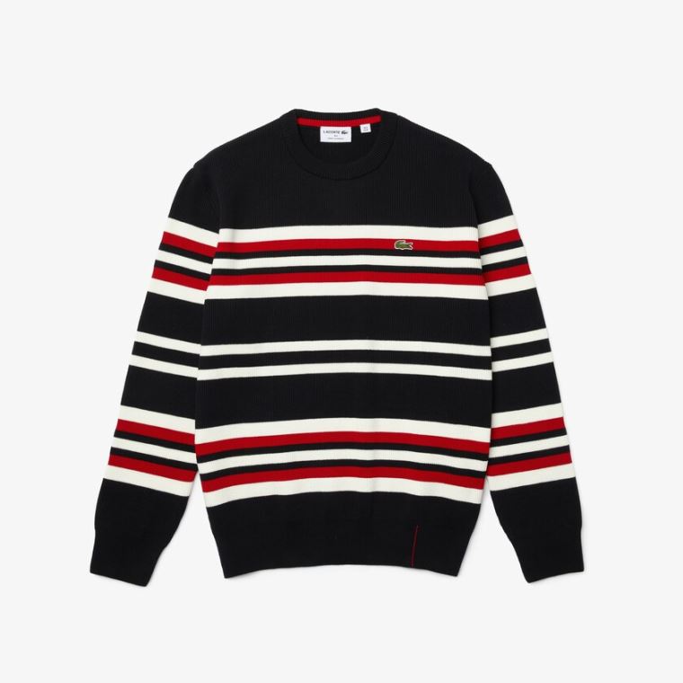 Lacoste Made in France Striped Organic Bavlněné Crew Neck Svetrové Tmavě Blankyt Blankyt Bílé Červené | RIsgqDvo