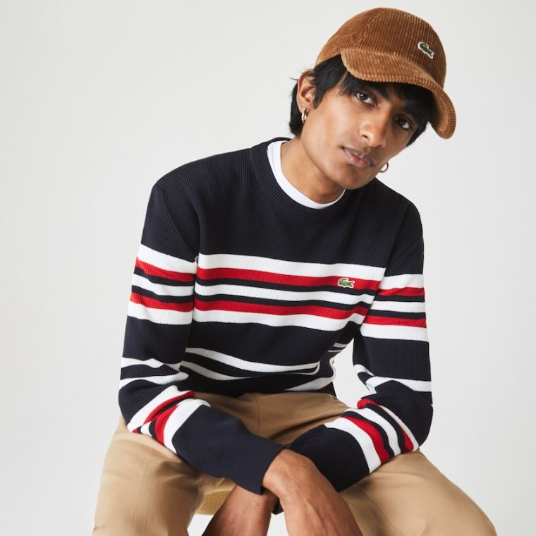 Lacoste Made in France Striped Organic Bavlněné Crew Neck Svetrové Tmavě Blankyt Blankyt Bílé Červené | RIsgqDvo