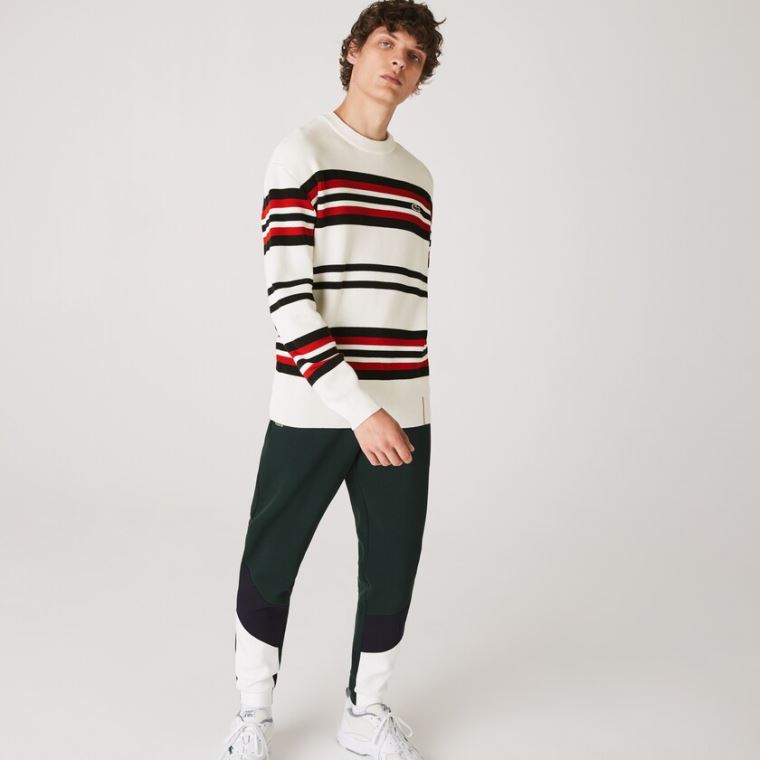 Lacoste Made in France Striped Organic Bavlněné Crew Neck Svetrové Bílé Tmavě Blankyt Blankyt Červené | hkt2cjkC