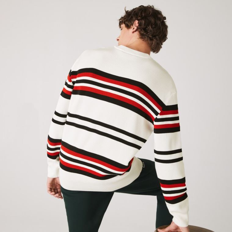 Lacoste Made in France Striped Organic Bavlněné Crew Neck Svetrové Bílé Tmavě Blankyt Blankyt Červené | hkt2cjkC