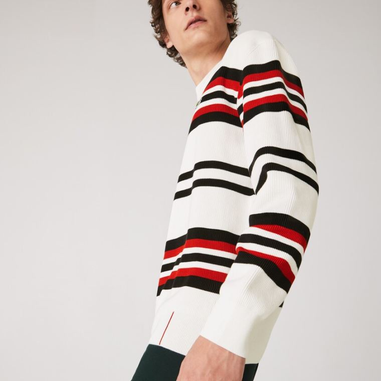 Lacoste Made in France Striped Organic Bavlněné Crew Neck Svetrové Bílé Tmavě Blankyt Blankyt Červené | hkt2cjkC