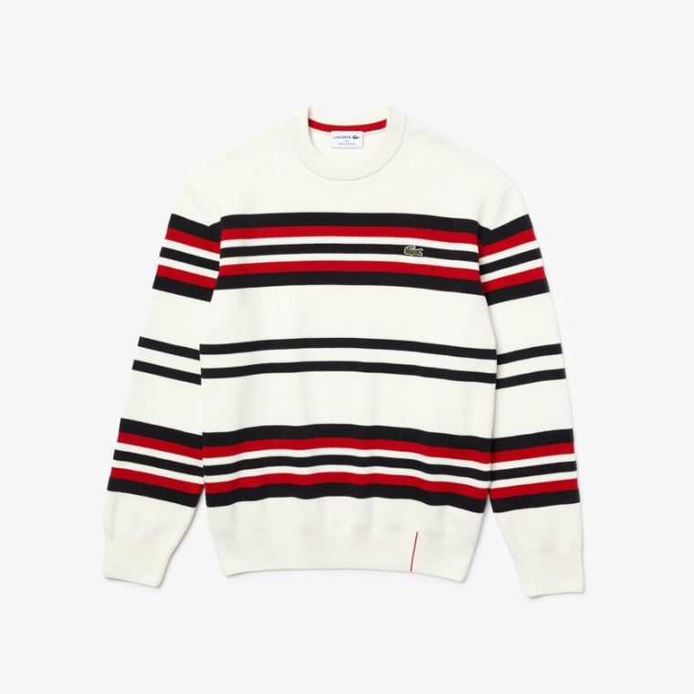 Lacoste Made in France Striped Organic Bavlněné Crew Neck Svetrové Bílé Tmavě Blankyt Blankyt Červené | hkt2cjkC