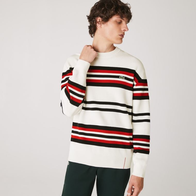 Lacoste Made in France Striped Organic Bavlněné Crew Neck Svetrové Bílé Tmavě Blankyt Blankyt Červené | hkt2cjkC