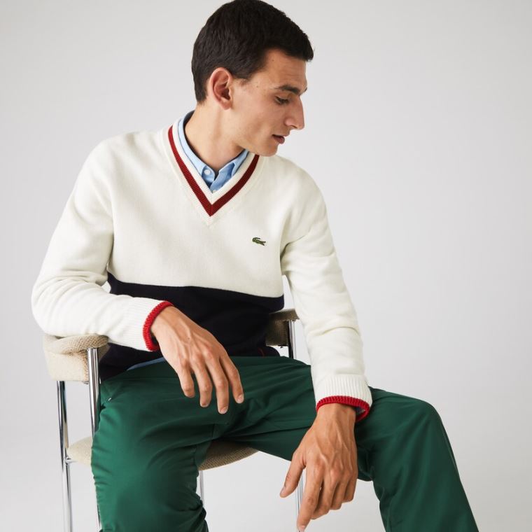 Lacoste Made in France Two-Tone Wool V-Neck Svetrové Tmavě Blankyt Blankyt Bílé Tmavě Červené | kz5uL3ww