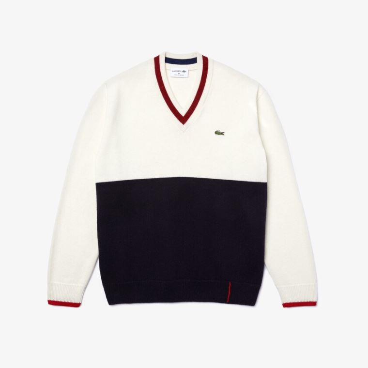 Lacoste Made in France Two-Tone Wool V-Neck Svetrové Tmavě Blankyt Blankyt Bílé Tmavě Červené | kz5uL3ww