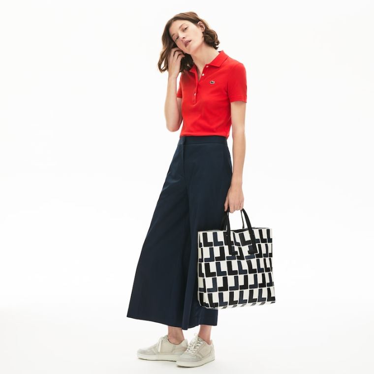 Lacoste Módní Show Monogram Læder Double Tote Bílé Černé | vcuqtSSY