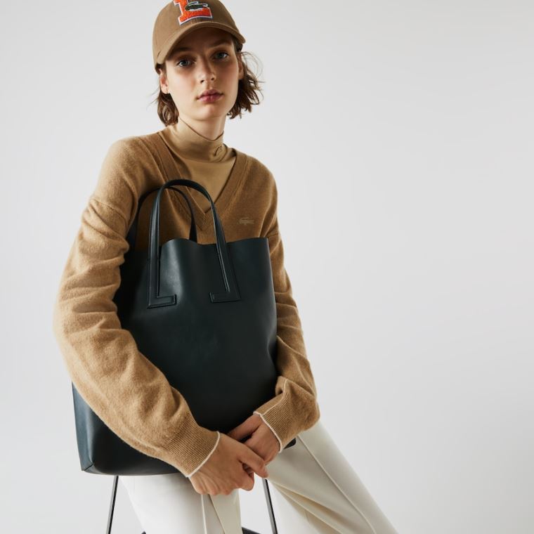 Lacoste Módní Show Two-Tone Læder Double Tote Tmavě Zelene | 9R0KCndM