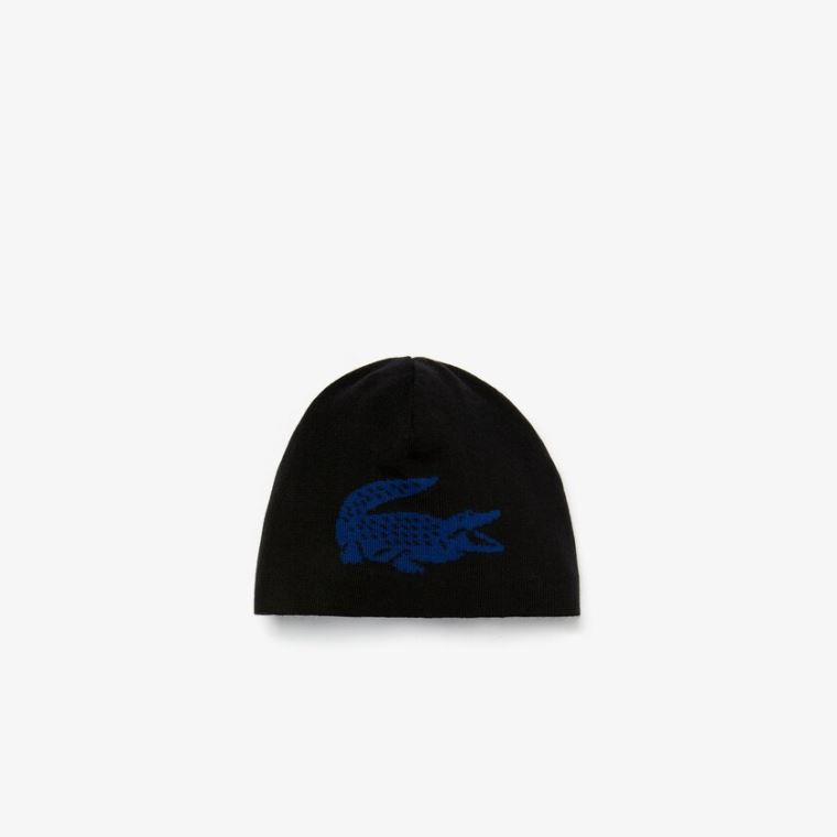 Lacoste Oversized Contrast Crocodile Reversible Wool Beanie Černé Blankyt | OePtEqCa