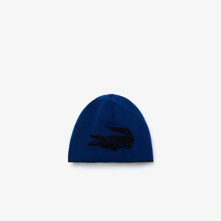 Lacoste Oversized Contrast Crocodile Reversible Wool Beanie Černé Blankyt | OePtEqCa